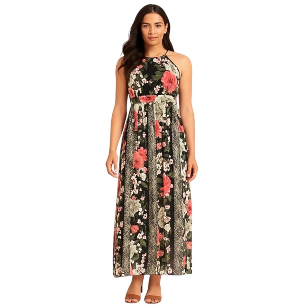 Floral Snakeskin Print Maxi Dress Size 6 Boho Chic Halter Sleeveless Feminine
